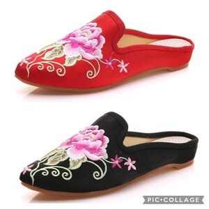 Chinese Red Embroidered Satin Mules – Floral Peony Slip-On Slippers, Size 9